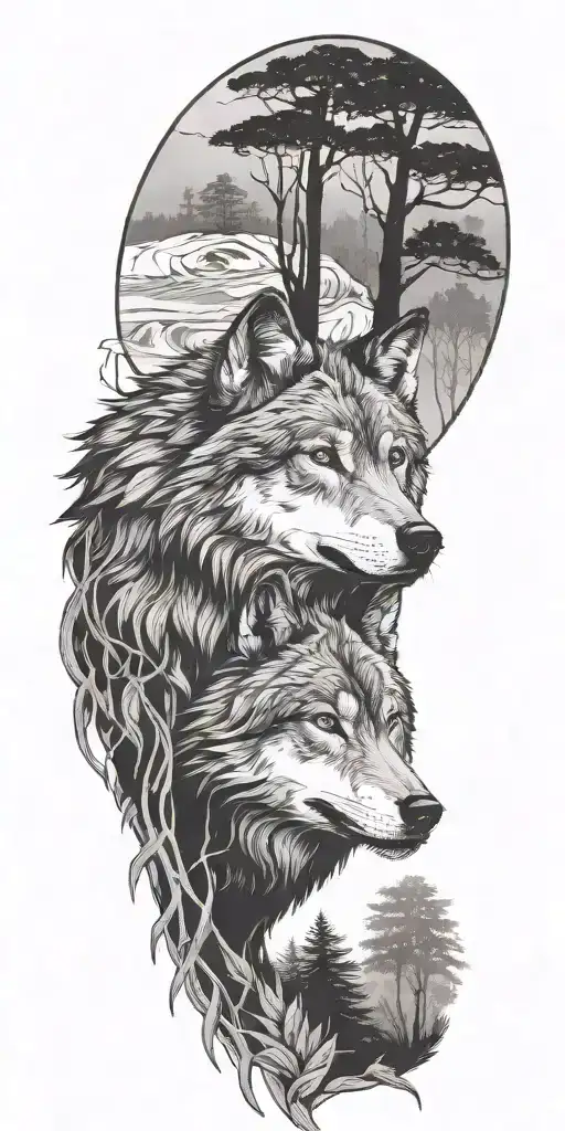Wolf in a jungle forest with trees tattoo design idea
