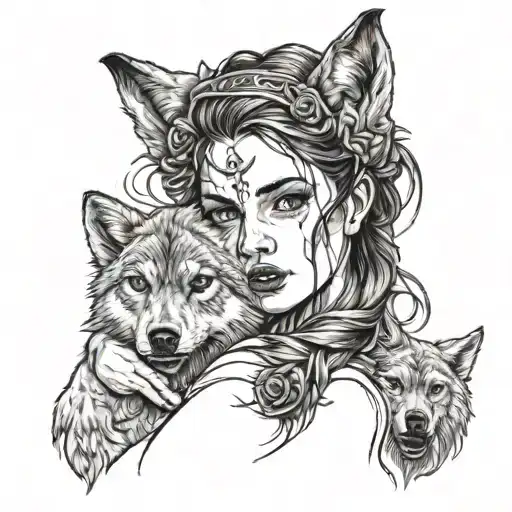 portrait of woman holding two daughters in her arms with a snarling wolf head on her head tattoo design idea