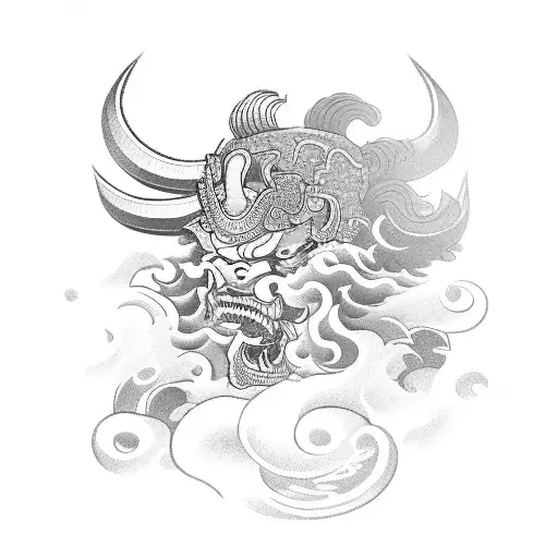 Samurai with a demon mask, with waves around, a Japanese temple with a blossom tree tattoo design idea