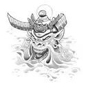 Samurai with a demon mask, with waves around, a Japanese temple with a blossom tree tattoo design idea