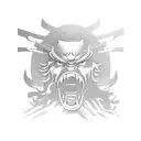 Samurai with a demon mask, with waves around, a Japanese temple with a blossom tree tattoo design idea