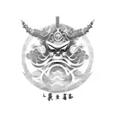 Samurai with a demon mask, with waves around, a Japanese temple with a blossom tree tattoo design idea