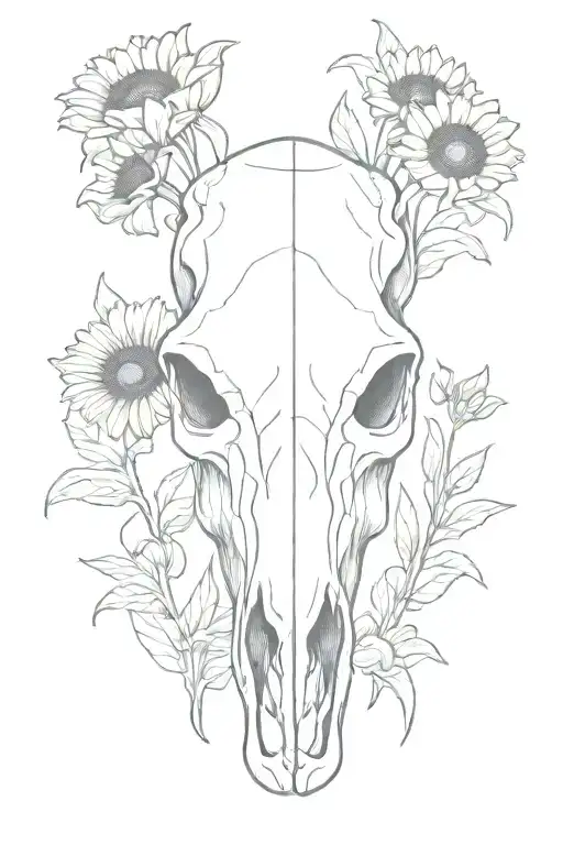 horse skull with sunflowers and bluebell flower tattoo design idea