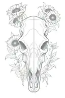 horse skull with sunflowers and bluebell flower tattoo design idea