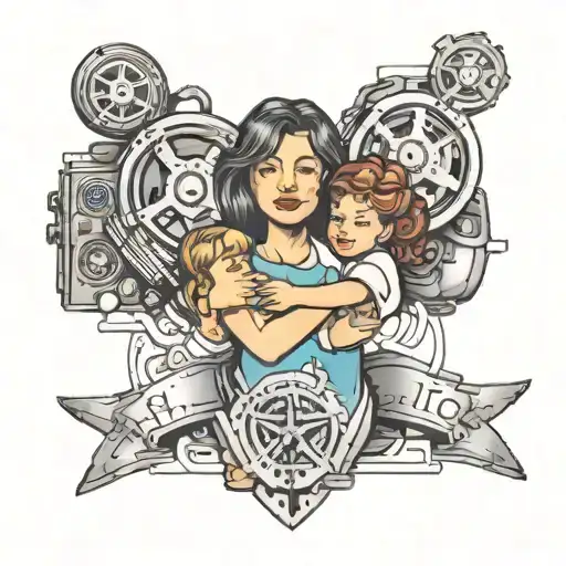 A new-school tattoo design of a mother holding hands with her children, with movie reels in the background tattoo design idea