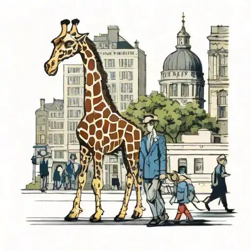 A traditional tattoo design of a giraffe family walking through the streets of London tattoo design idea