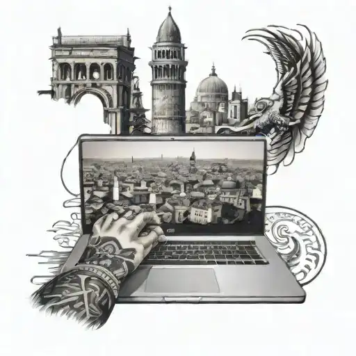 A realistic tattoo design of a content designer working on a laptop with Istanbul's famous landmarks in the background tattoo design idea