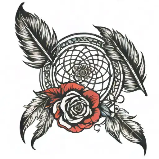dreamcatcher with feather mandala and red rose intertwined tattoo design idea