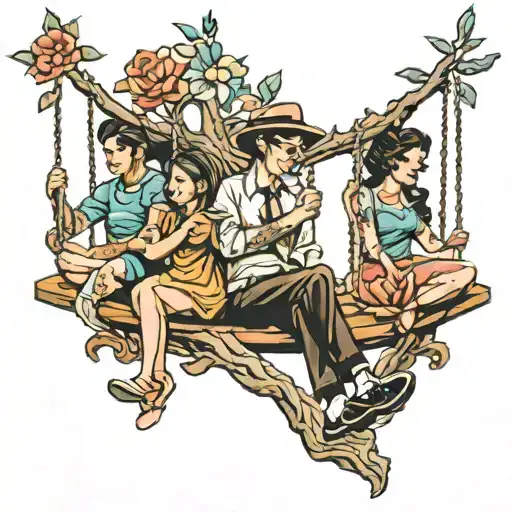 four people on a swing tattoo design idea