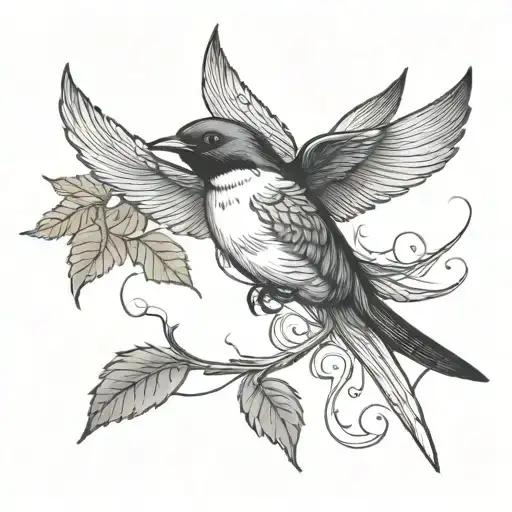 swallow bird flying and leaf intertwined tattoo design idea