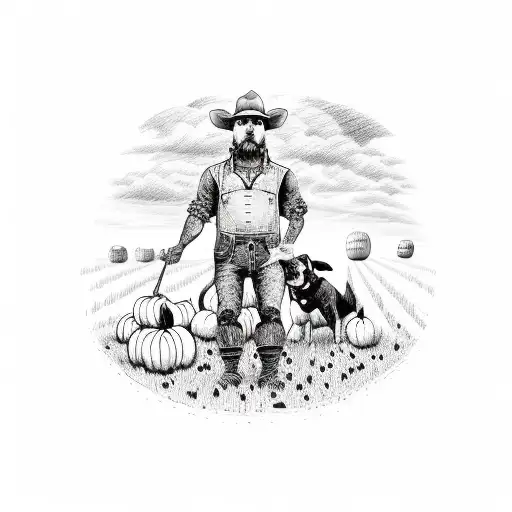 A black and grey sketch tattoo of a farmer working in a field with a dog by their side, surrounded by pumpkins and sugar skulls. tattoo design idea