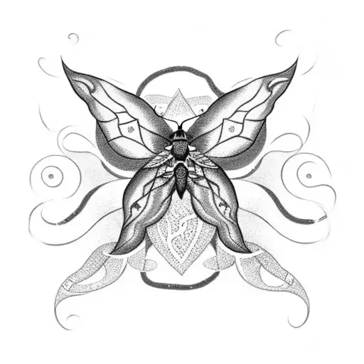 A dotwork tattoo of a makeup brush transforming into a snake, with vibrant flowers and a moth flying above it. tattoo design idea