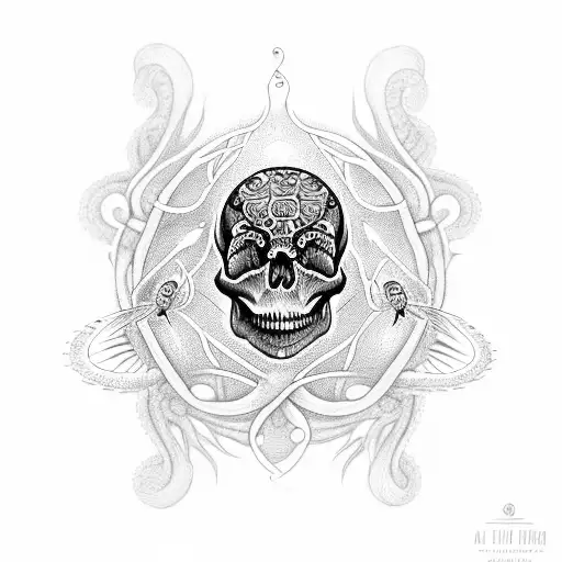 A dotwork tattoo of a skull with moths flying out of its eye sockets and a snake coiled around it. tattoo design idea
