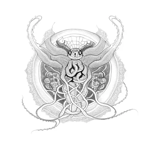 A blackwork tattoo of a moon with intricate spider webs and a snake slithering across it, surrounded by flowers. tattoo design idea