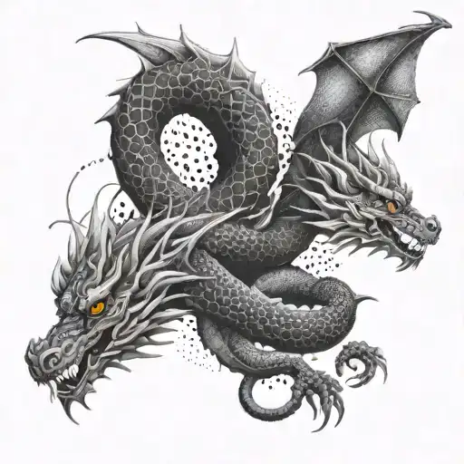 Pointillism dragon and fluid abstract designs tattoo design idea