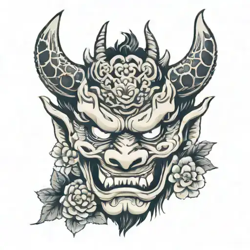 Oni mask with dragon wrapped and flowers growing tattoo design idea