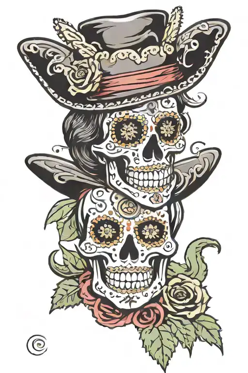 styled like dio de Los muertos sugar skull with Wild West cowboy hat. sugar skull patterns, cowboy ruggedness, cacti tattoo design idea