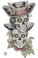 styled like dio de Los muertos sugar skull with Wild West cowboy hat. sugar skull patterns, cowboy ruggedness, cacti tattoo design idea