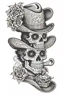 styled like dio de Los muertos sugar skull with Wild West cowboy hat. sugar skull patterns, cowboy ruggedness, cacti tattoo design idea
