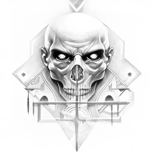 A powerful black and grey illustration of a muscular figure adorned with runic tattoos tattoo design idea