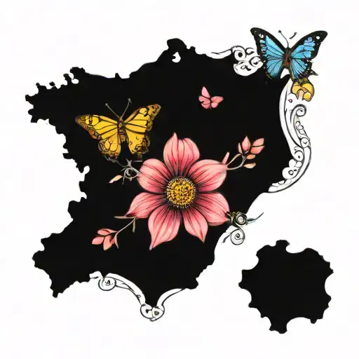 Israel map with anemones and butterflies tattoo design idea