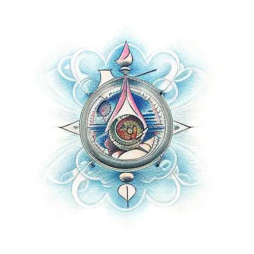 An hourglass at the bottom of the sea composed of symbols of mathematics, physics, psychology, philosophy, music, dance tattoo design idea