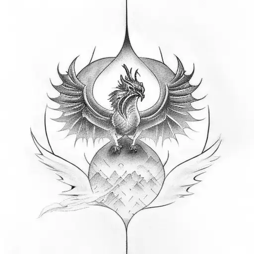 Design a tattoo showcasing a phoenix and a dragon, surrounded by small mystical scriptures on the sides. tattoo design idea