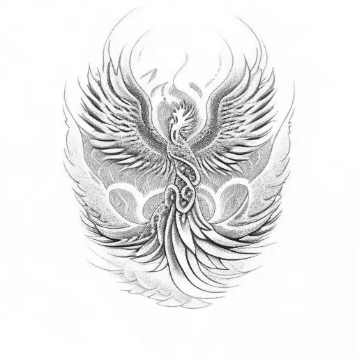 A dotwork design of a phoenix rising from the ashes, with snakes coiling around it and small scriptures incorporated in the feathers tattoo design idea