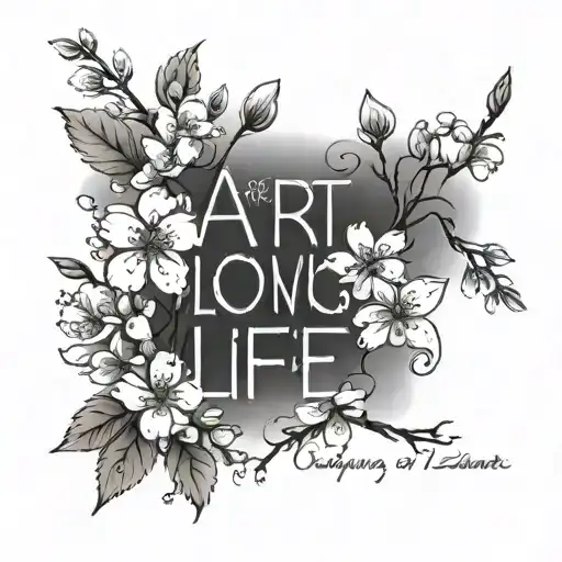 A sentence "The Art of loving life..." in fine and airy font. Tattoo with a branch and 2 cherry blossoms surrounded tattoo design idea