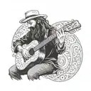 Draw a Spanish flamenco guitarist, a man with long hair and a long beard, with a pro in his mouth, playing the guitar, b tattoo design idea