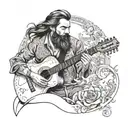Draw a Spanish flamenco guitarist, a man with long hair and a long beard, with a pro in his mouth, playing the guitar, b tattoo design idea