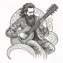 Draw a Spanish flamenco guitarist, a man with long hair and a long beard, with a pro in his mouth, playing the guitar, b tattoo design idea