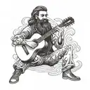 Draw a Spanish flamenco guitarist, a man with long hair and a long beard, with a pro in his mouth, playing the guitar, b tattoo design idea