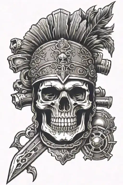 skull with roman helmet with piercing dagger through tattoo design idea