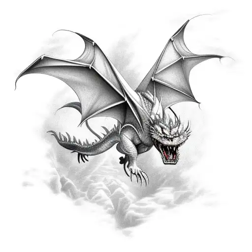Fantasy Dragon in flight in northern style tattoo design idea