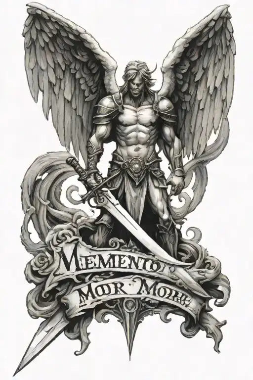 angel standing over a demon with a big sword (facing away from our pov) with the words "memento mori" written next to it tattoo design idea