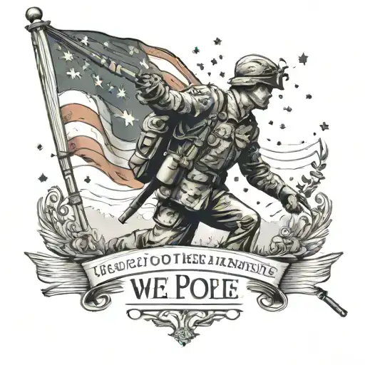 An intricate design of a soldier saluting the American flag, with the words 'We the People' from the Constitution incorporated into the background tattoo design idea