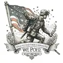 An intricate design of a soldier saluting the American flag, with the words 'We the People' from the Constitution incorporated into the background tattoo design idea