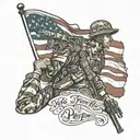An intricate design of a soldier saluting the American flag, with the words 'We the People' from the Constitution incorporated into the background tattoo design idea