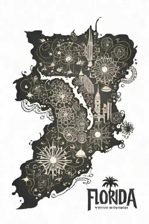 A stylized map of Florida with intricate patterns and details to showcase your deep connection to the state tattoo design idea