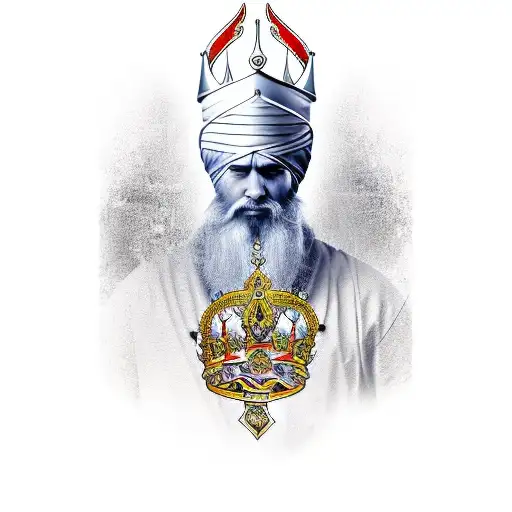 Royal king with a royal sword with saffron turban and saffron flag in background looking dangerous standing in masculine tattoo design idea