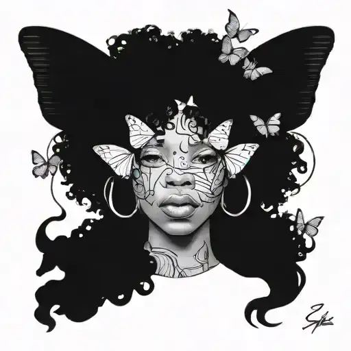 A surreal portrait of SZA surrounded by musical notes and butterflies tattoo design idea