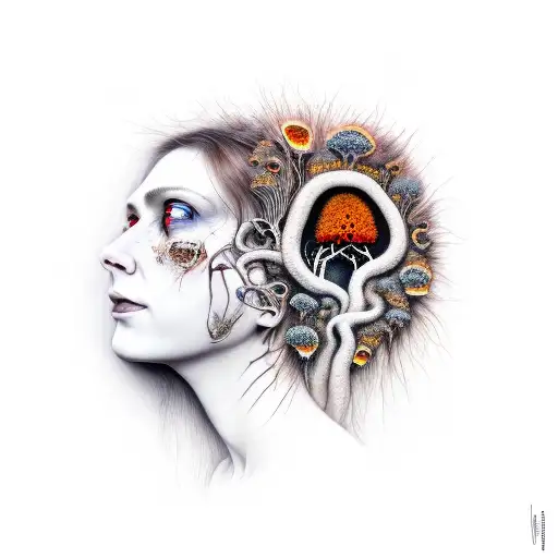 portrait of a dead woman straring at the camera, head full of mycelium rooting and fungus tattoo design idea