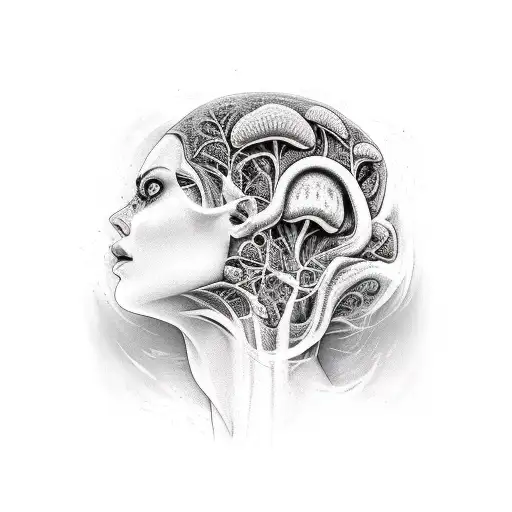 portrait of a dead woman, head full of mycelium rooting and fungus tattoo design idea