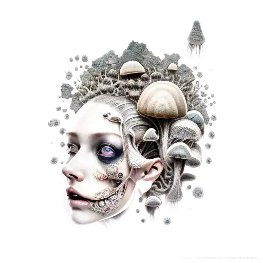 portrait of a dead woman, head full of mycelium rooting and fungus tattoo design idea