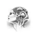 portrait of a dead woman, head full of mycelium rooting and fungus tattoo design idea