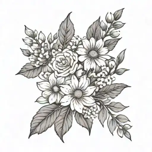 A black and white tattoo of daisy sweet pea lily of the valley rose larkspur honeysuckle aster morning glory chrysanthem tattoo design idea