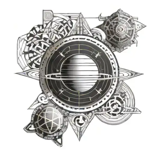 An intricate glyph design with elements of Saturn and Earth, creating a celestial and earthy fusion tattoo design idea