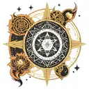 A cosmic mandala design incorporating the Capricorn symbol, Earth, and Saturn, creating a mystical and celestial vibe tattoo design idea