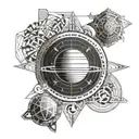 An intricate glyph design with elements of Saturn and Earth, creating a celestial and earthy fusion tattoo design idea